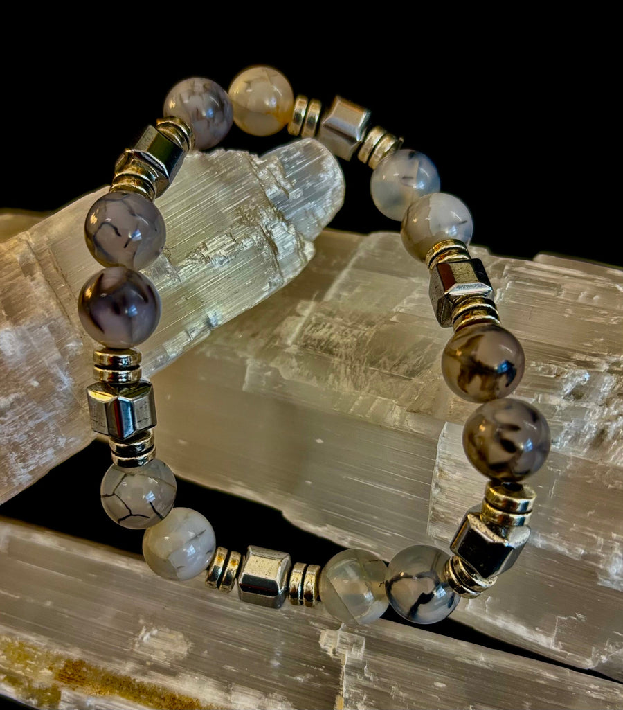 Dragon Vein Agate with Silver Spacers - 8"-8.5" - Large and XL Wrists
