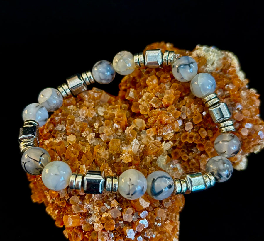 Dragon Vein Agate with Silver Spacers - 8"-8.5" - Large and XL Wrists