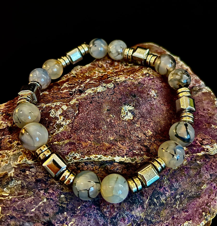 Dragon Vein Agate with Silver Spacers - 8"-8.5" - Large and XL Wrists