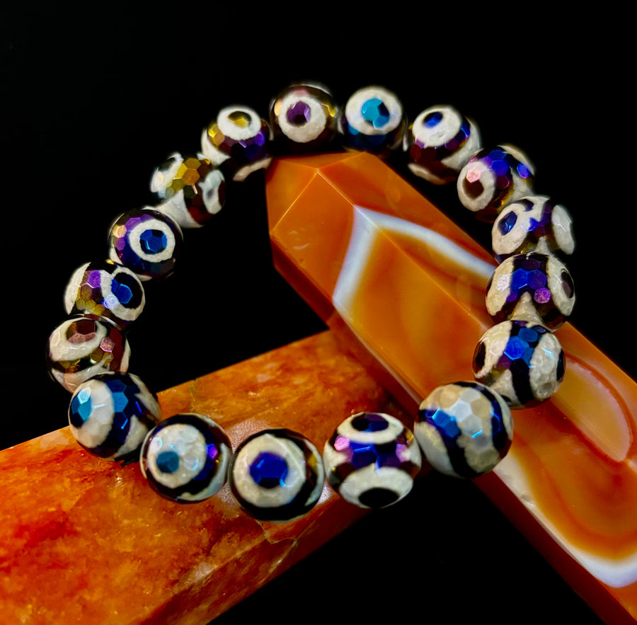 Mexican Agate Evil Eye Bracelet — Natural Earth-Mined Agate Beaded Bracelet Inspired by Puerto Vallarta (12mm, Medium–Large Wrists)