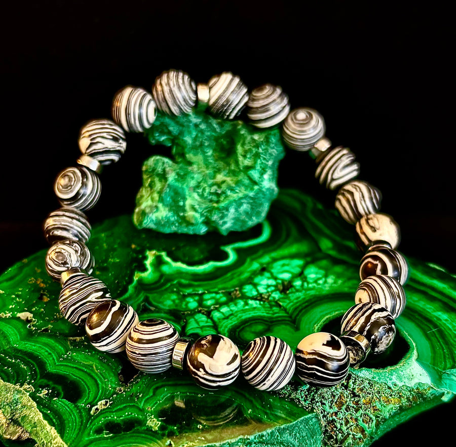 Black & White Striped Agate Stretch Bracelet — Natural Banded Agate Bracelet for Large to XL Wrists