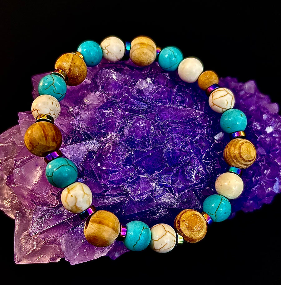 Turquoise and Cream Howlite with Coconut Palm Beads (8"-8.5" Large and XL Wrists)
