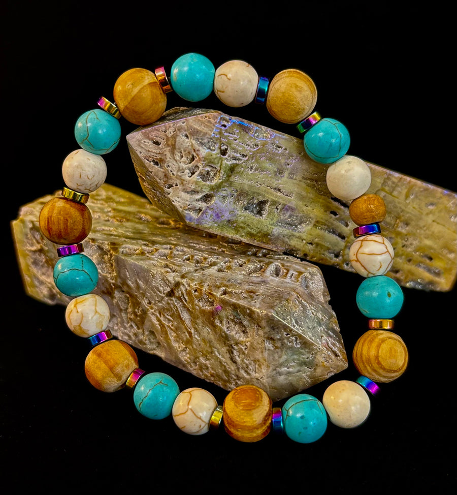 Turquoise and Cream Howlite with Coconut Palm Beads (8"-8.5" Large and XL Wrists)