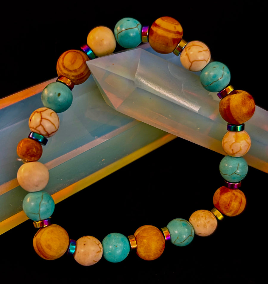 Turquoise and Cream Howlite with Coconut Palm Beads (8"-8.5" Large and XL Wrists)