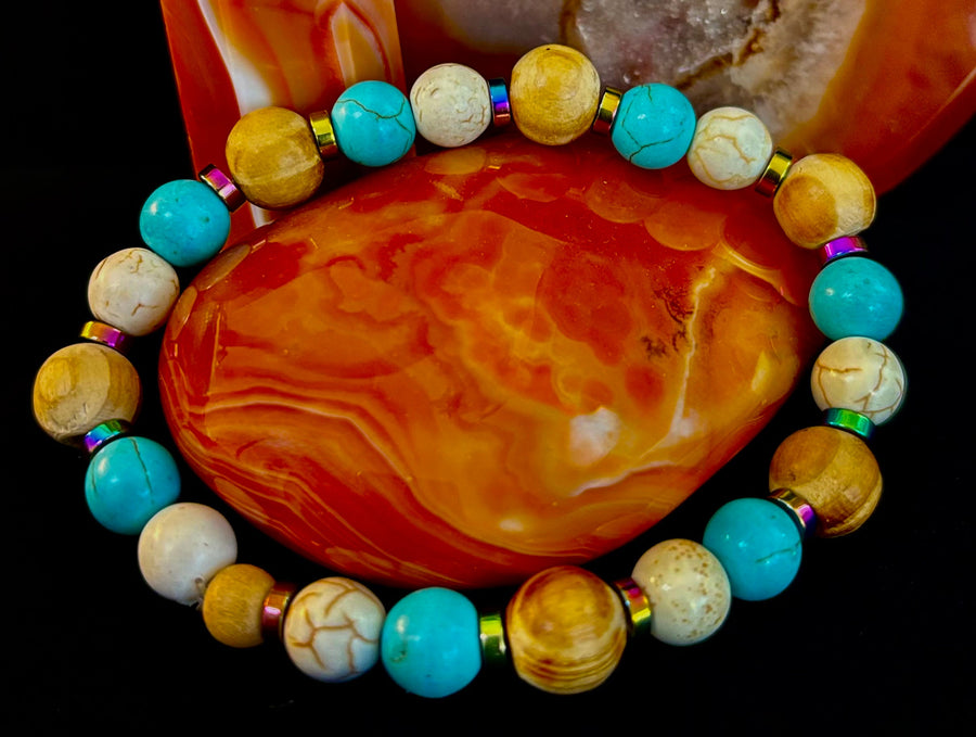 Turquoise and Cream Howlite with Coconut Palm Beads (8"-8.5" Large and XL Wrists)