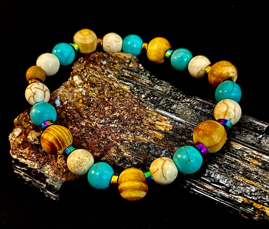 Turquoise and Cream Howlite with Coconut Palm Beads (8"-8.5" Large and XL Wrists)