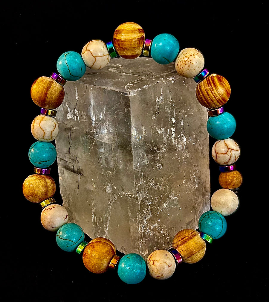 Turquoise and Cream Howlite with Coconut Palm Beads (8"-8.5" Large and XL Wrists)