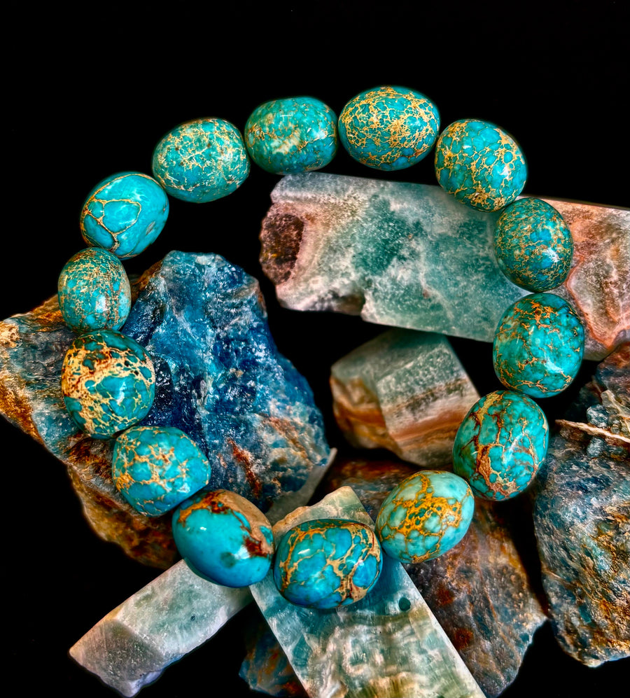 Imperial Jasper Nugget Stretch Bracelet — Natural Turquoise Green Jasper Statement Bracelet (Medium to Large Wrists)