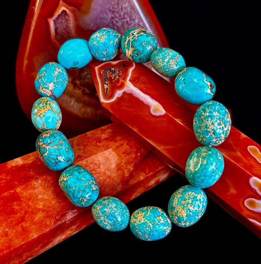 Imperial Jasper Nugget Stretch Bracelet — Natural Turquoise Green Jasper Statement Bracelet (Medium to Large Wrists)