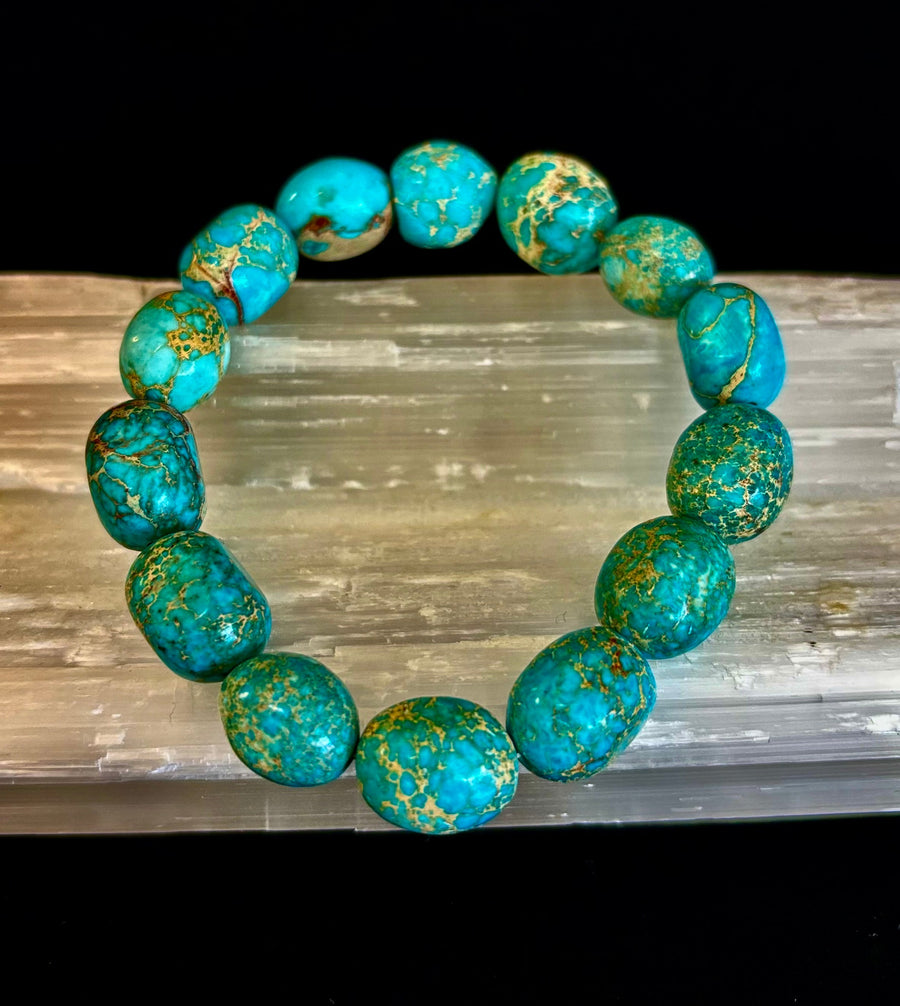 Imperial Jasper Nugget Stretch Bracelet — Natural Turquoise Green Jasper Statement Bracelet (Medium to Large Wrists)