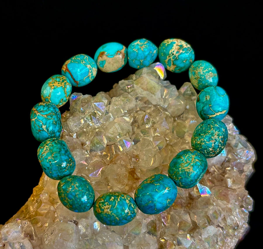 Imperial Jasper Nugget Stretch Bracelet — Natural Turquoise Green Jasper Statement Bracelet (Medium to Large Wrists)