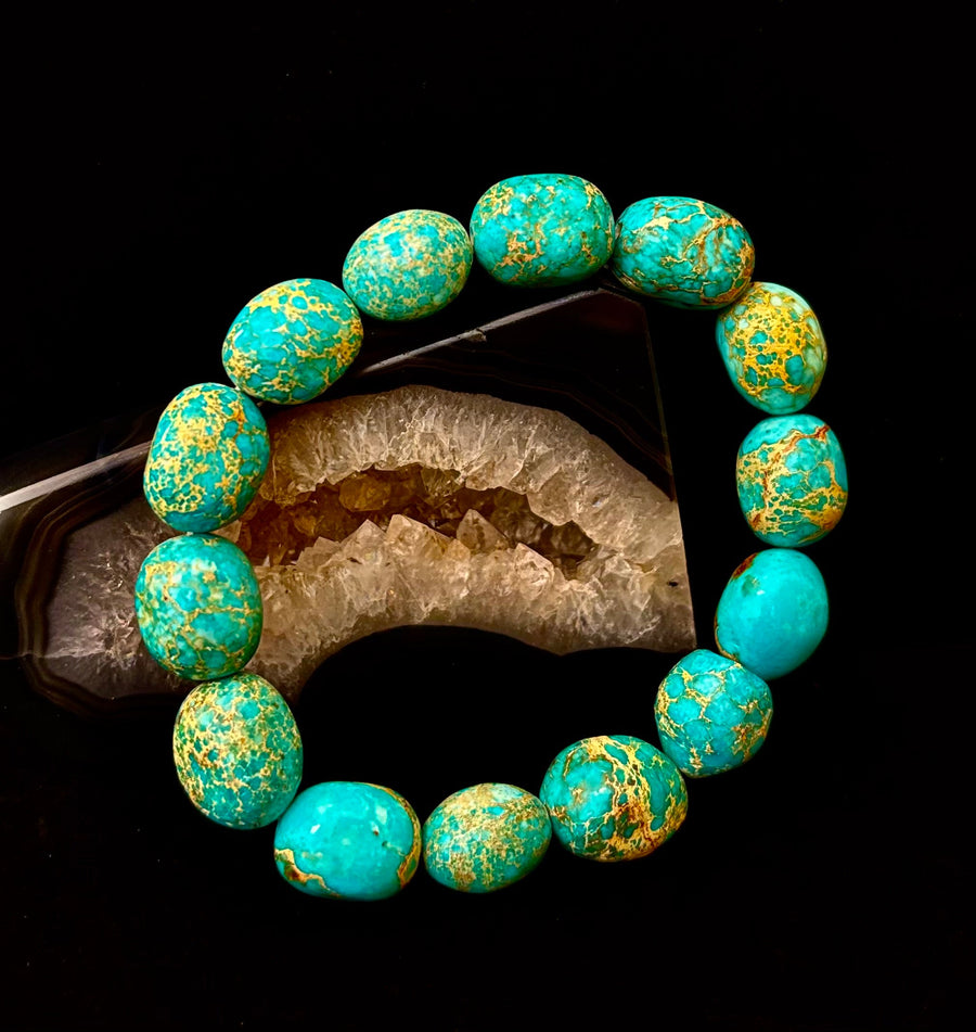Imperial Jasper Nugget Stretch Bracelet — Natural Turquoise Green Jasper Statement Bracelet (Medium to Large Wrists)