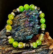 Green Agate & Black Onyx Stretch Bracelet — Handmade Natural Stone Bracelet with Silver Spacers for Large to XL Wrists (7.5"–8.5")