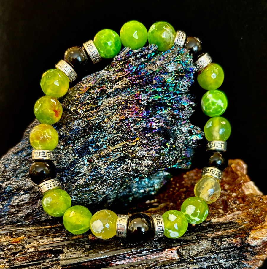 Green Agate & Black Onyx Stretch Bracelet — Handmade Natural Stone Bracelet with Silver Spacers for Large to XL Wrists (7.5"–8.5")