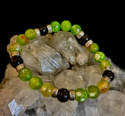 Green Agate & Black Onyx Stretch Bracelet — Handmade Natural Stone Bracelet with Silver Spacers for Large to XL Wrists (7.5"–8.5")