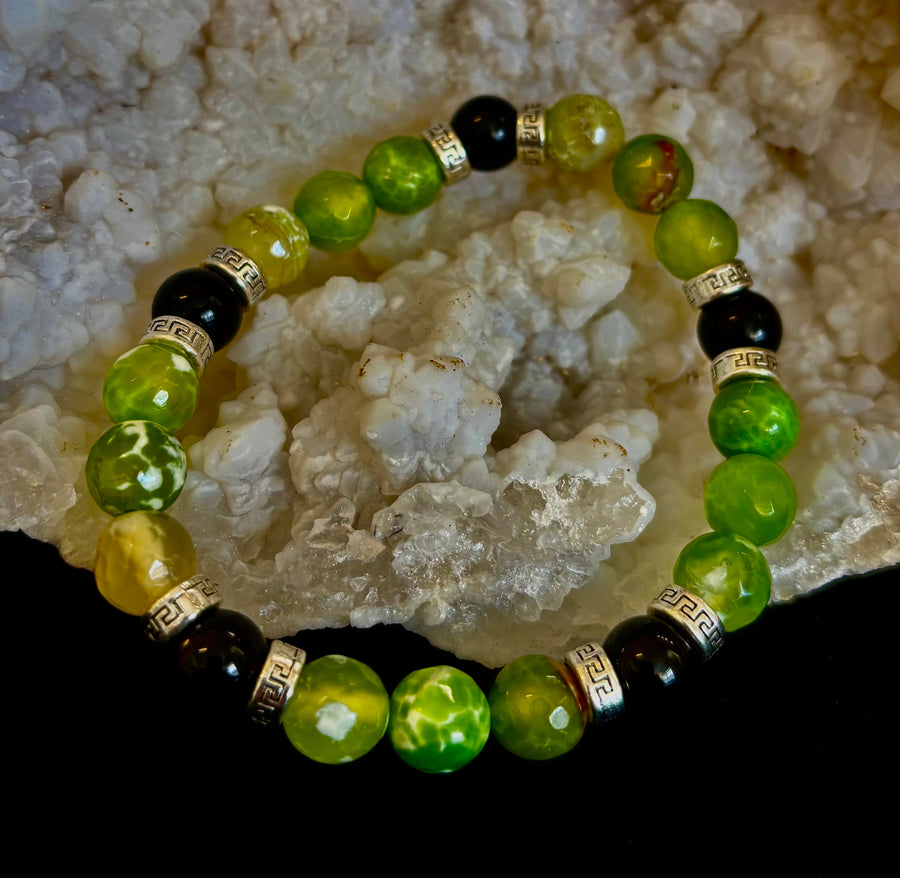 Green Agate & Black Onyx Stretch Bracelet — Handmade Natural Stone Bracelet with Silver Spacers for Large to XL Wrists (7.5"–8.5")