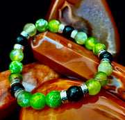 Green Agate & Black Onyx Stretch Bracelet — Handmade Natural Stone Bracelet with Silver Spacers for Large to XL Wrists (7.5"–8.5")