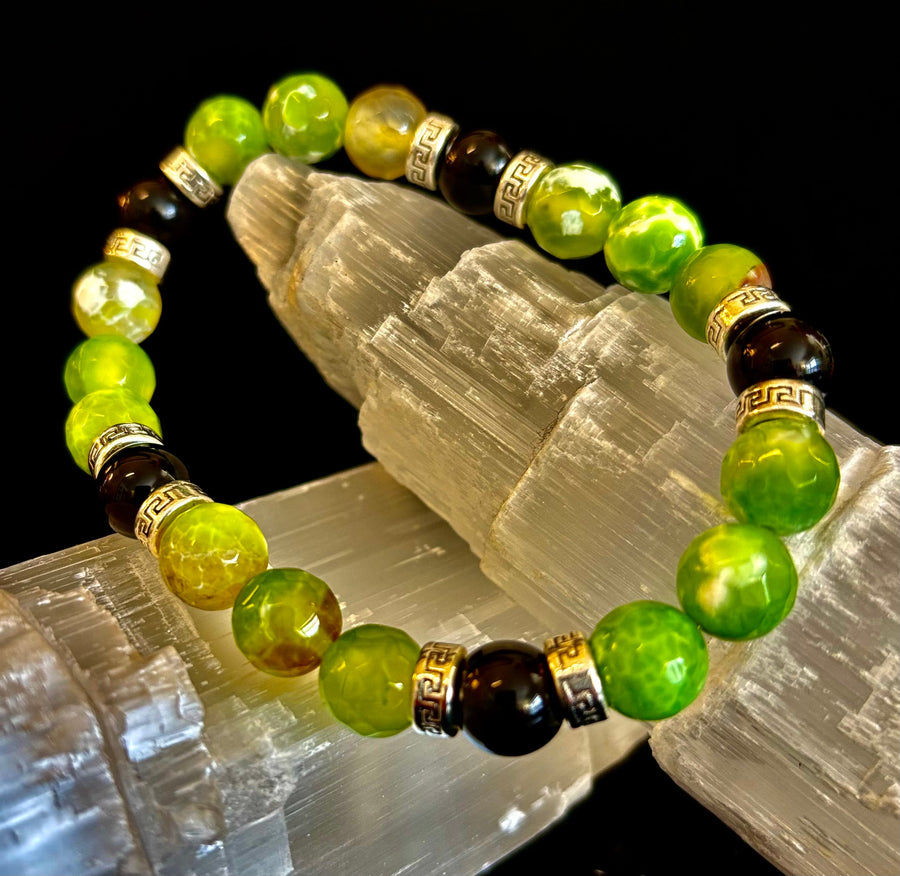 Green Agate & Black Onyx Stretch Bracelet — Handmade Natural Stone Bracelet with Silver Spacers for Large to XL Wrists (7.5"–8.5")