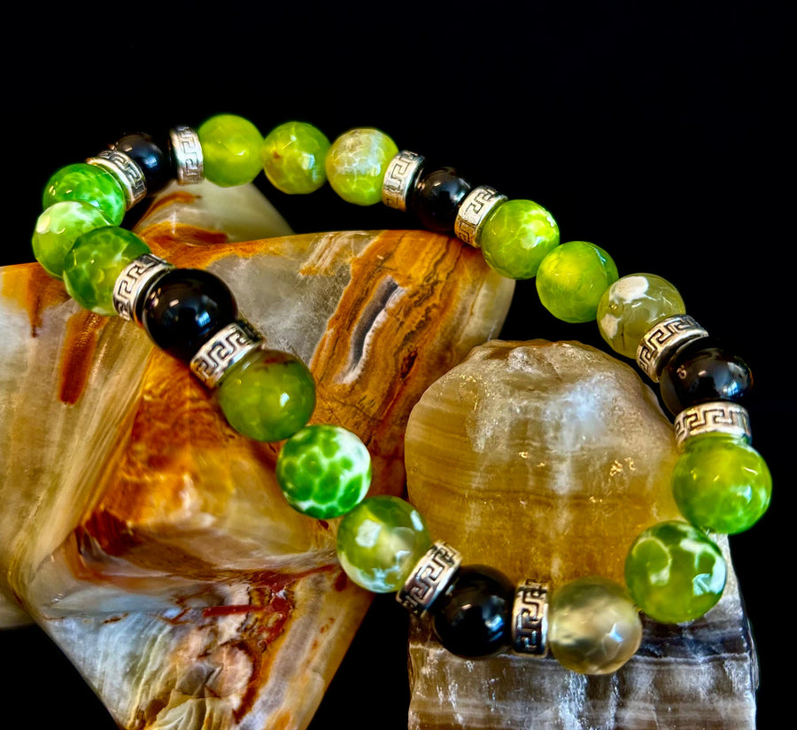 Green Agate & Black Onyx Stretch Bracelet — Handmade Natural Stone Bracelet with Silver Spacers for Large to XL Wrists (7.5"–8.5")