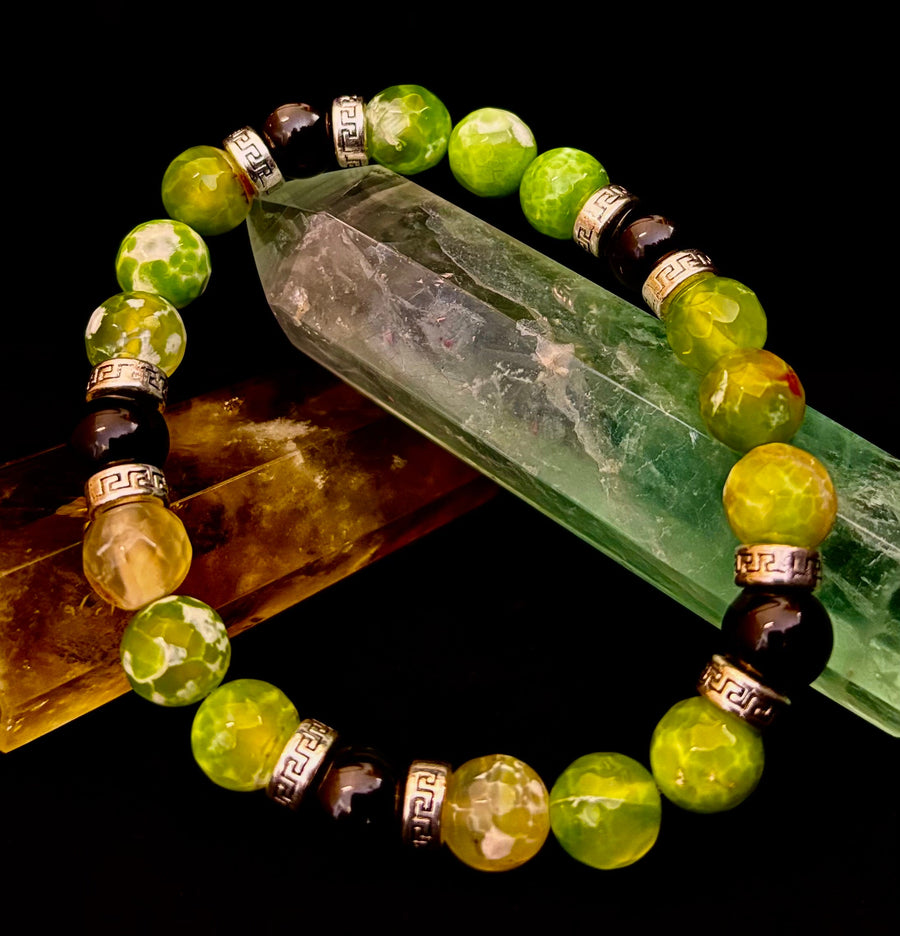 Green Agate & Black Onyx Stretch Bracelet — Handmade Natural Stone Bracelet with Silver Spacers for Large to XL Wrists (7.5"–8.5")
