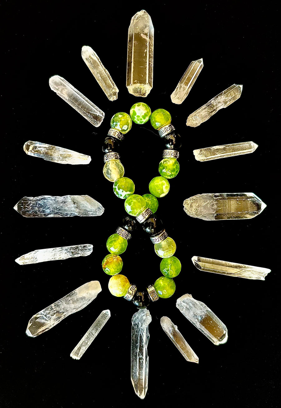 Green Agate & Black Onyx Stretch Bracelet — Handmade Natural Stone Bracelet with Silver Spacers for Large to XL Wrists (7.5"–8.5")