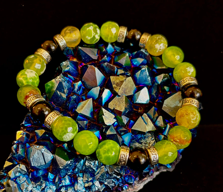 Green Agate & Black Onyx Stretch Bracelet — Handmade Natural Stone Bracelet with Silver Spacers for Large to XL Wrists (7.5"–8.5")