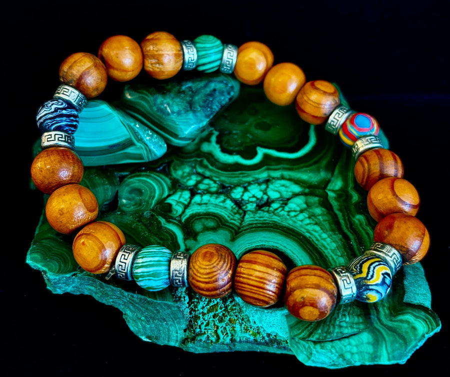 Coconut Palm Wood with Mixed Natural Stones (8.5"-9.5" XL Wrists)