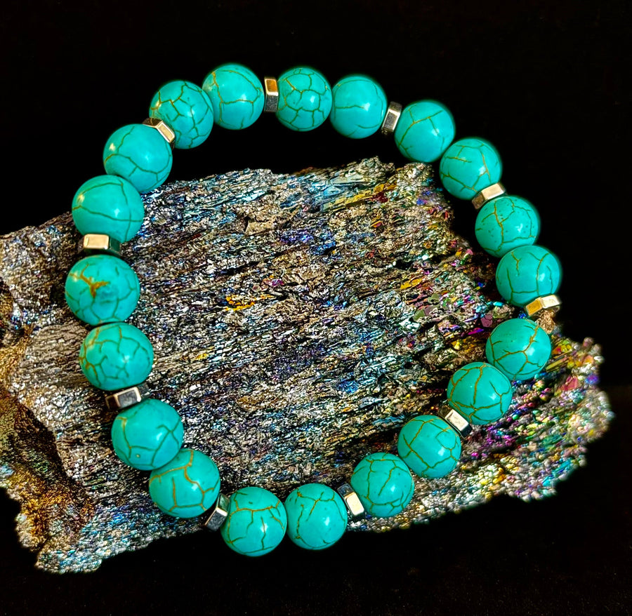 Turquoise Howlite Bracelet with Silver Spacers — Handmade in Puerto Vallarta — Calming Natural Stone Stretch Bracelet (6.75"–7.5" Medium to Large Wrists)