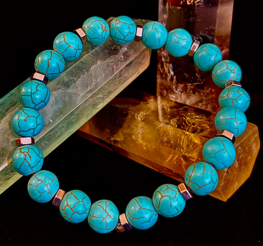 Turquoise Howlite Bracelet with Silver Spacers — Handmade in Puerto Vallarta — Calming Natural Stone Stretch Bracelet (6.75"–7.5" Medium to Large Wrists)
