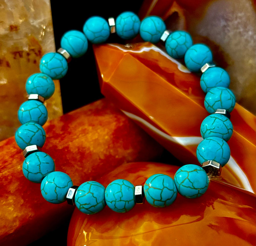Turquoise Howlite Bracelet with Silver Spacers — Handmade in Puerto Vallarta — Calming Natural Stone Stretch Bracelet (6.75"–7.5" Medium to Large Wrists)