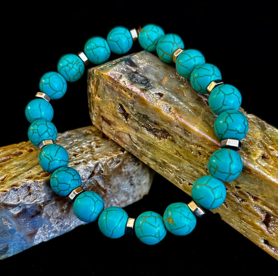 Turquoise Howlite Bracelet with Silver Spacers — Handmade in Puerto Vallarta — Calming Natural Stone Stretch Bracelet (6.75"–7.5" Medium to Large Wrists)