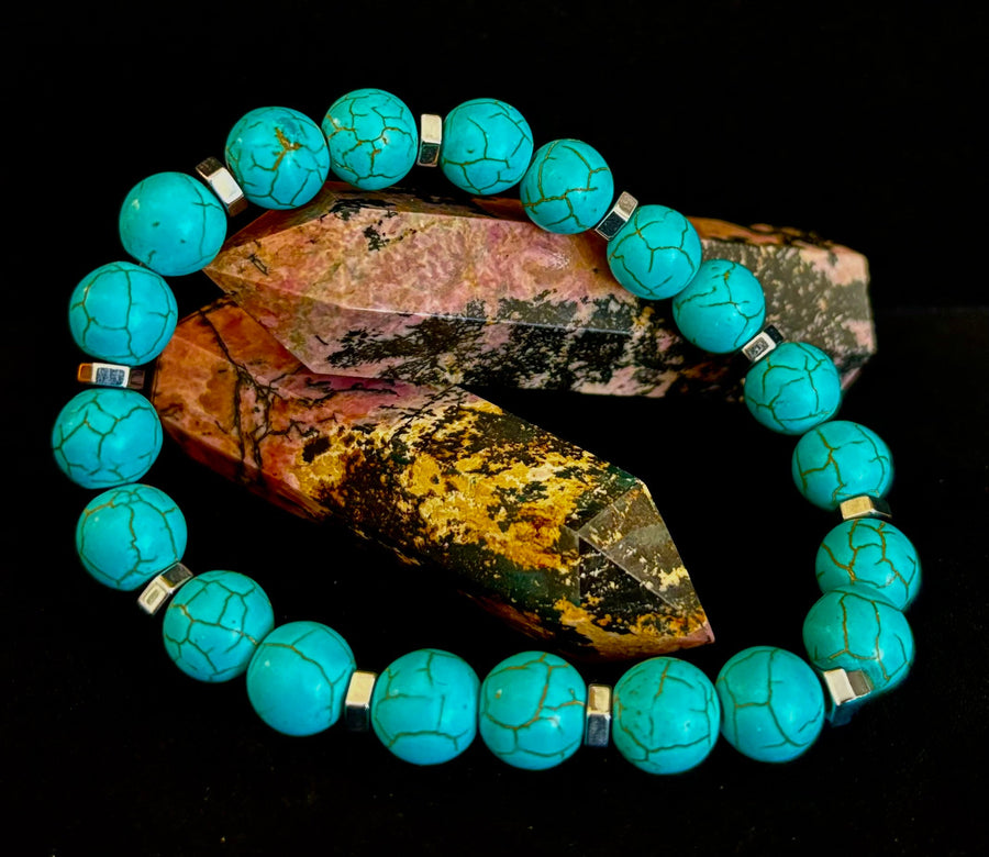 Turquoise Howlite Bracelet with Silver Spacers — Handmade in Puerto Vallarta — Calming Natural Stone Stretch Bracelet (6.75"–7.5" Medium to Large Wrists)