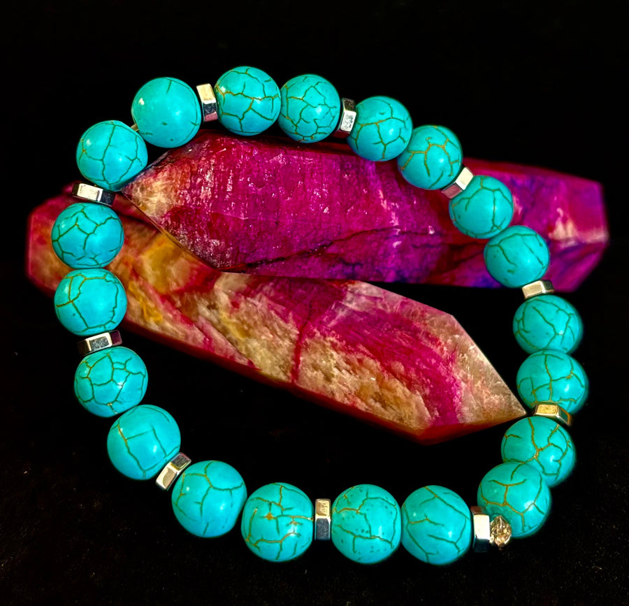 Turquoise Howlite Bracelet with Silver Spacers — Handmade in Puerto Vallarta — Calming Natural Stone Stretch Bracelet (6.75"–7.5" Medium to Large Wrists)