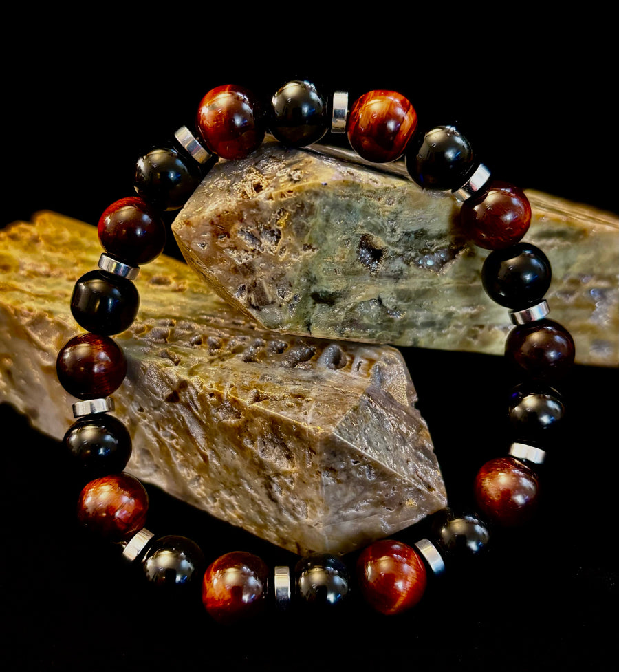 Tiger’s Eye & Black Onyx Power Bracelet — Handmade in Puerto Vallarta Mexico — Protection & Confidence Stone Bracelet for Large Wrists