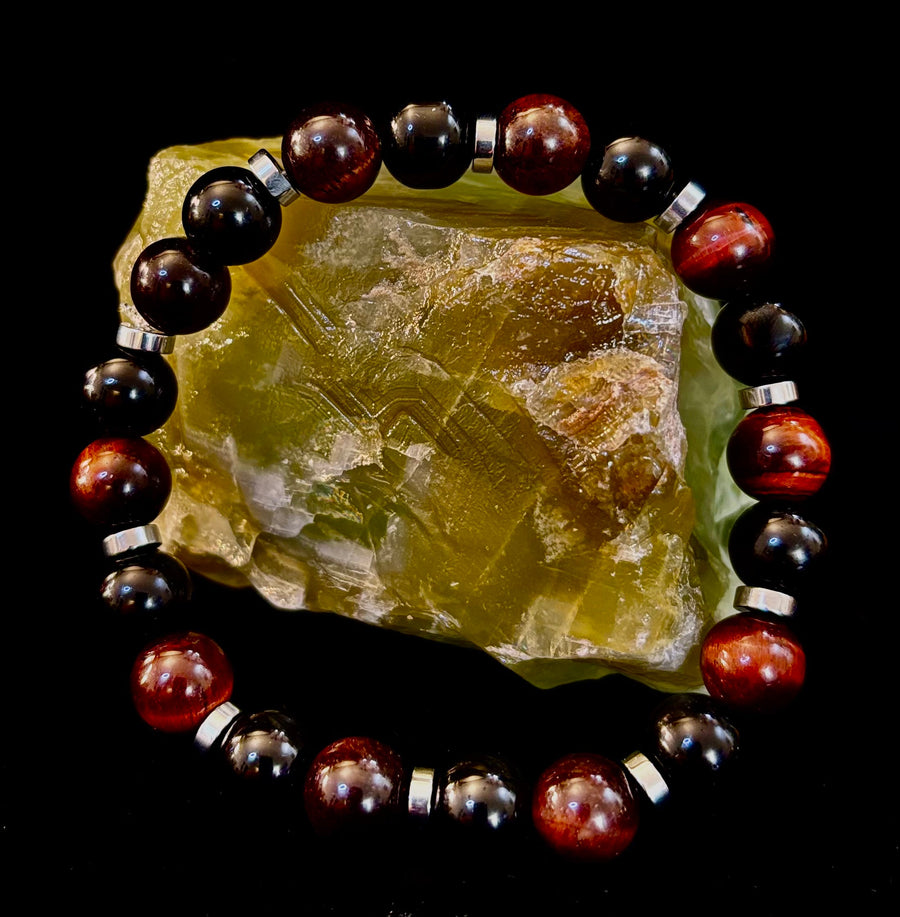 Tiger’s Eye & Black Onyx Power Bracelet — Handmade in Puerto Vallarta Mexico — Protection & Confidence Stone Bracelet for Large Wrists