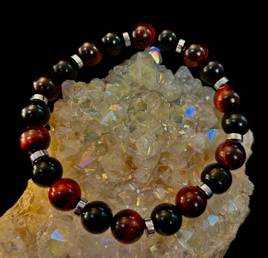 Tiger’s Eye & Black Onyx Power Bracelet — Handmade in Puerto Vallarta Mexico — Protection & Confidence Stone Bracelet for Large Wrists