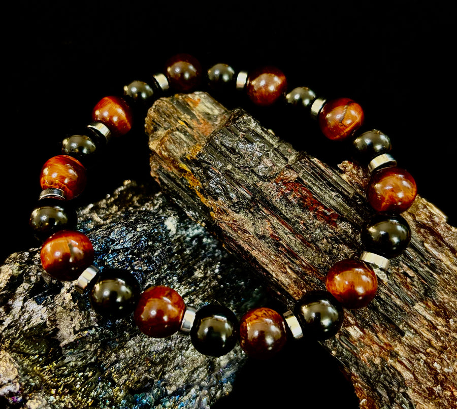 Tiger’s Eye & Black Onyx Power Bracelet — Handmade in Puerto Vallarta Mexico — Protection & Confidence Stone Bracelet for Large Wrists