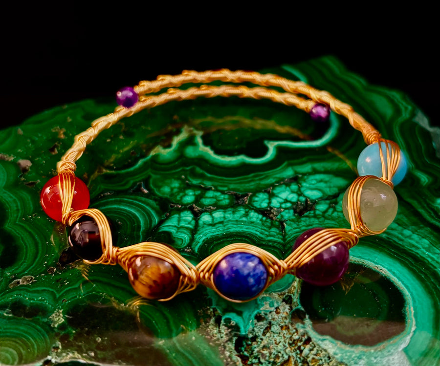 Golden Energy Flow Chakra Bracelet — Mixed Gemstone Wire Wrap