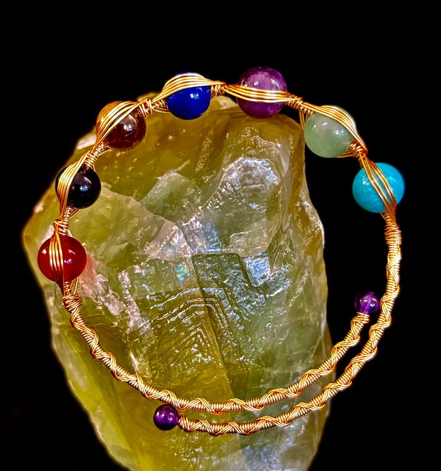 Golden Energy Flow Chakra Bracelet — Mixed Gemstone Wire Wrap