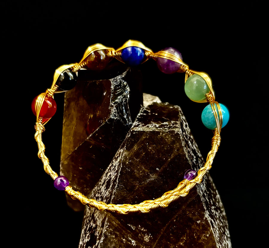 Golden Energy Flow Chakra Bracelet — Mixed Gemstone Wire Wrap