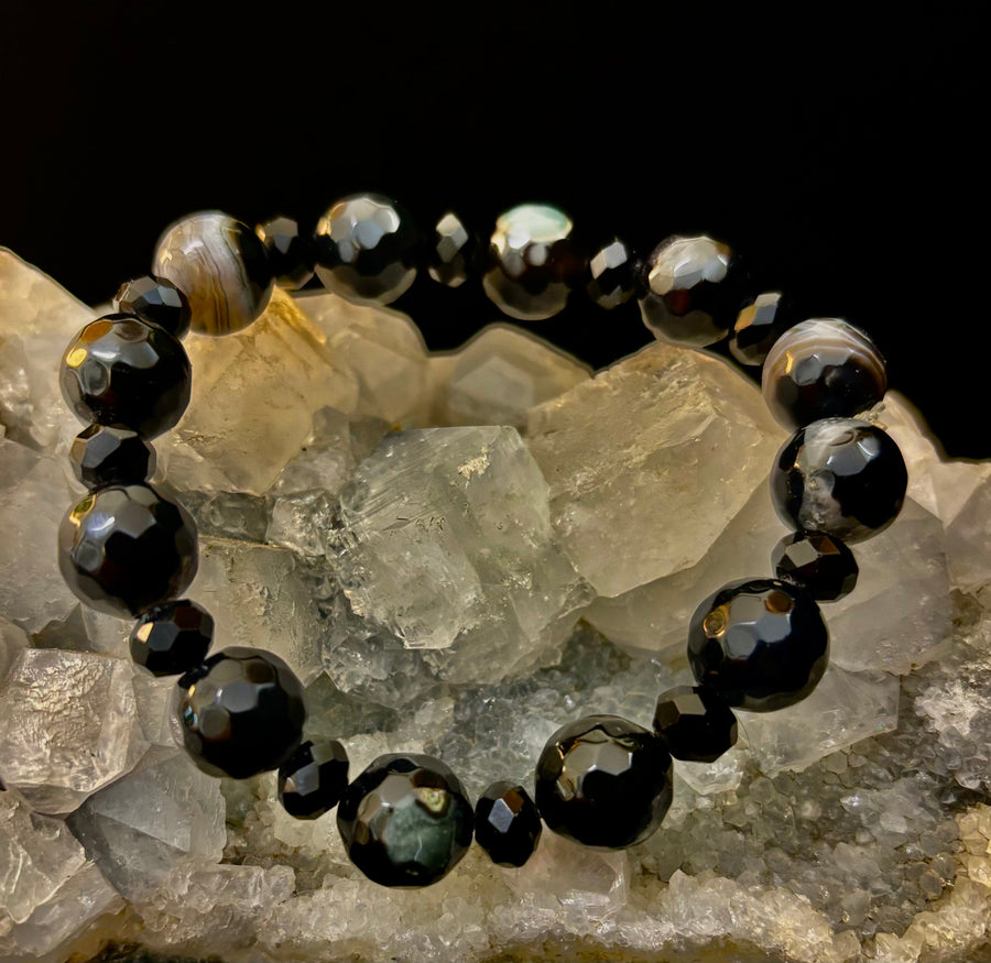 Puerto Vallarta Midnight Agate Power Bracelet — Faceted Black Agate & Swirled Banded Agate (Large Wrist Fit)