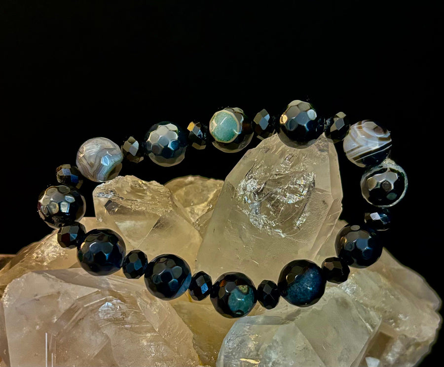 Puerto Vallarta Midnight Agate Power Bracelet — Faceted Black Agate & Swirled Banded Agate (Large Wrist Fit)