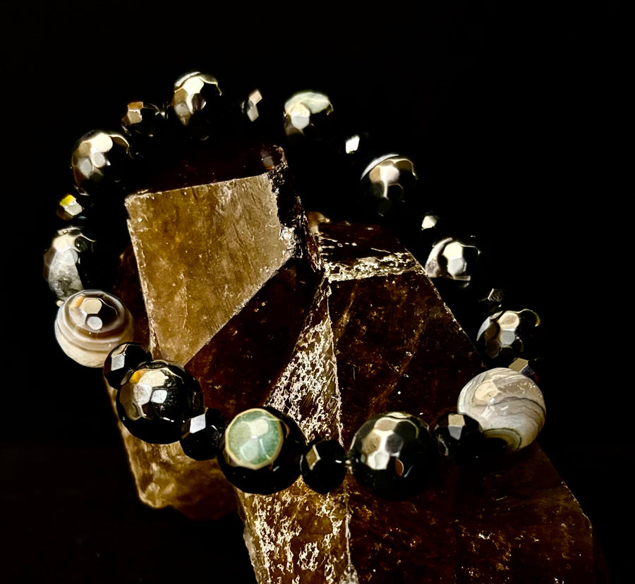 Puerto Vallarta Midnight Agate Power Bracelet — Faceted Black Agate & Swirled Banded Agate (Large Wrist Fit)