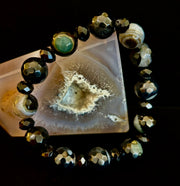 Puerto Vallarta Midnight Agate Power Bracelet — Faceted Black Agate & Swirled Banded Agate (Large Wrist Fit)