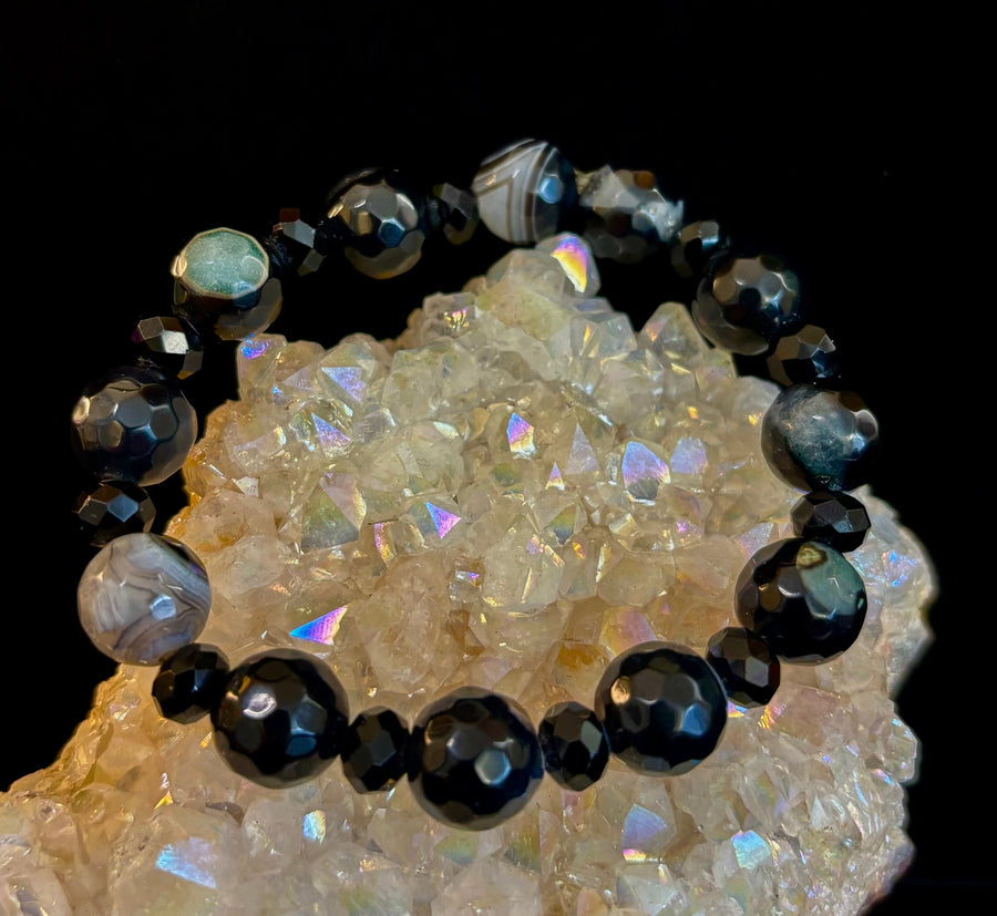 Puerto Vallarta Midnight Agate Power Bracelet — Faceted Black Agate & Swirled Banded Agate (Large Wrist Fit)