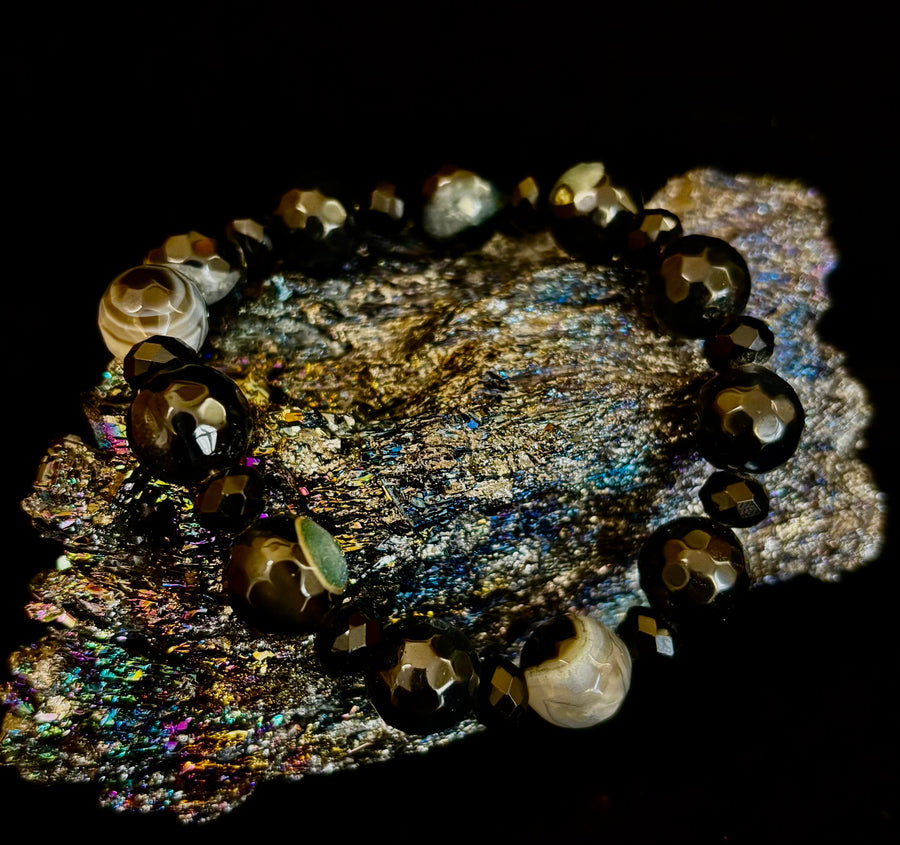 Puerto Vallarta Midnight Agate Power Bracelet — Faceted Black Agate & Swirled Banded Agate (Large Wrist Fit)