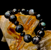 Puerto Vallarta Midnight Agate Power Bracelet — Faceted Black Agate & Swirled Banded Agate (Large Wrist Fit)