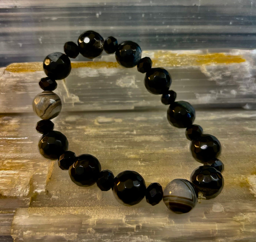 Puerto Vallarta Midnight Agate Power Bracelet — Faceted Black Agate & Swirled Banded Agate (Large Wrist Fit)