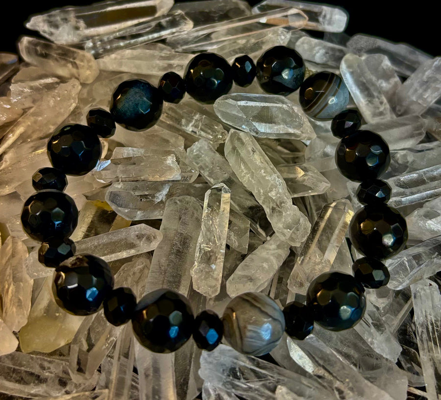 Puerto Vallarta Midnight Agate Power Bracelet — Faceted Black Agate & Swirled Banded Agate (Large Wrist Fit)