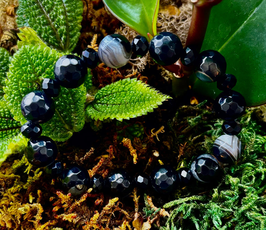 Puerto Vallarta Midnight Agate Power Bracelet — Faceted Black Agate & Swirled Banded Agate (Large Wrist Fit)